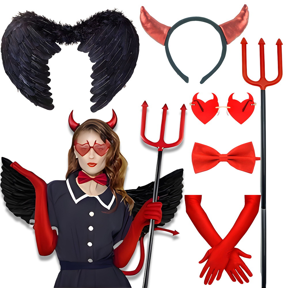 Set de Halloween para el Festival de los Fantasmas, diadema con cuernos de diablo, tridente, accesorios, alas de diablo, cola de diablo
