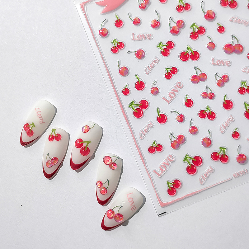Tiesu New Technology Fruit Red Cherry Nail Stickers Kx-351 Jelly Glue Relief Adhesive Nail Stickers Kx Co-Branded Series