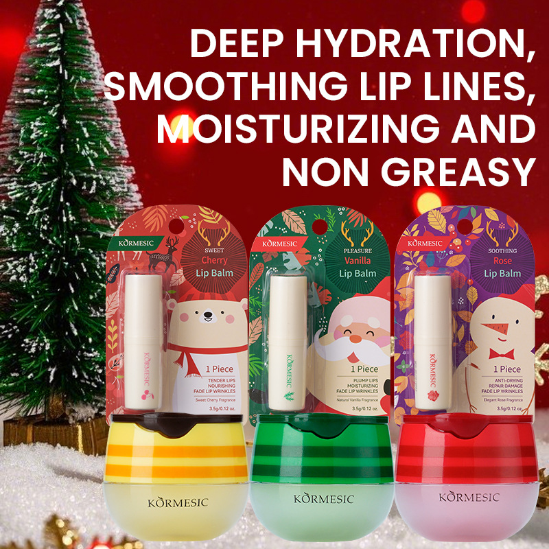 KORMESIC - Bálsamo labial hidratante de cereza navideño, serie en inglés, fabricante de lápices labiales, venta al por mayor, comercio exterior transfronterizo