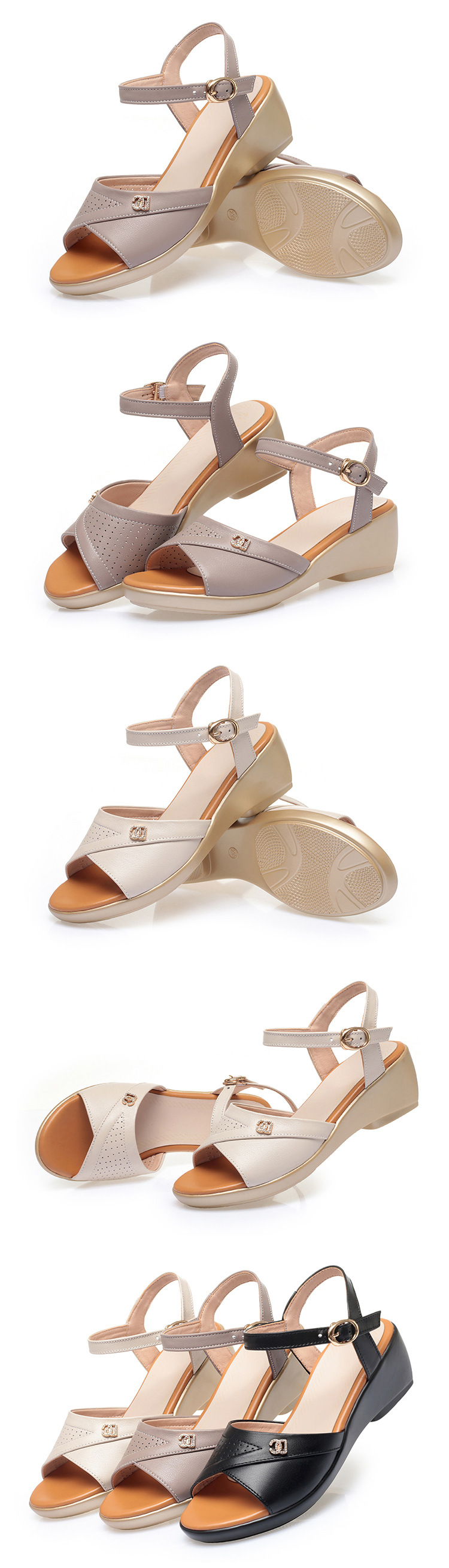 Sandal nữ quai chữ V đế xuồng gót thấp da mềm — màu be chi tiết 9