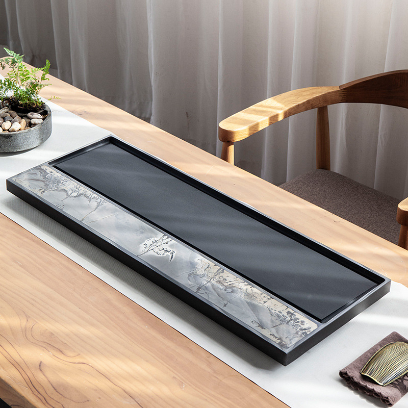 天然乌金国画石茶盘家用轻奢现代简约茶台镶嵌国画整石干湿泡茶海