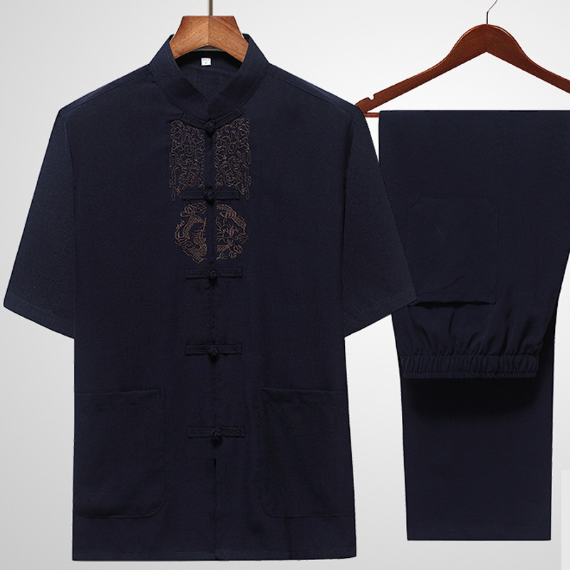 春夏男士唐裝短袖套裝中老年亞麻襯衫盤扣棉麻印字繡花定制LOGO