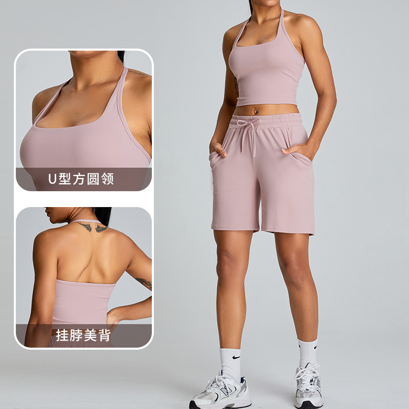 Primavera y verano nuevo estilo de moda al aire libre ocio juego deportivo mujer cuello colgante hermosa ropa de yoga de espalda ajustada juego deportivo fitness