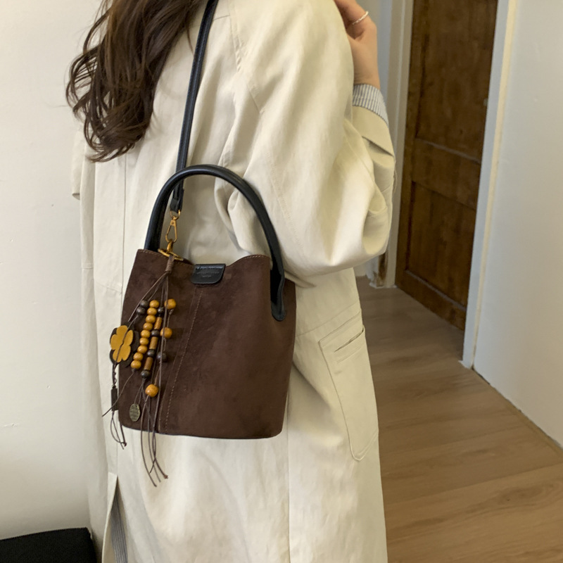 Retro Matte Suede Bucket Bag Lazy Style Fashion Handbag Tote Bag With Matching Pouch Casual Shoulder Crossbody Bag For Women - Thumbnail 3