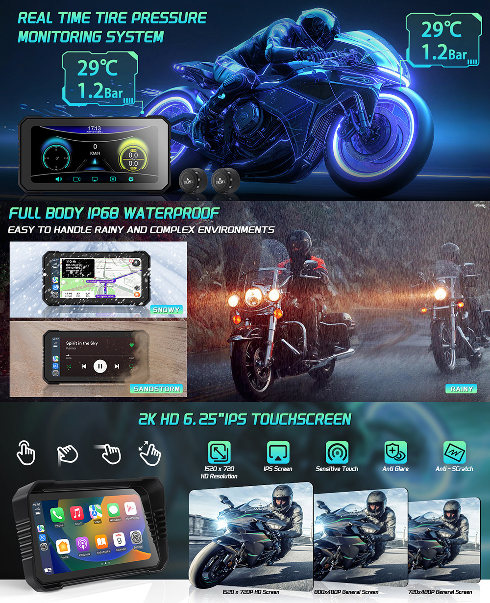 6.25inch Motorcycle Carplay Dual Lens Dash Cam Wifi Bluetooth Gps Wired Control Front and Rear 2K