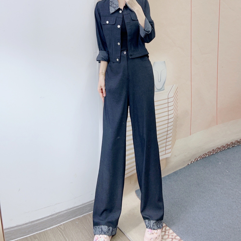 2025 New Autum Casual Lapel Denim Jacket + Denim Straight Wide Leg Pants Two-Piece Set 502