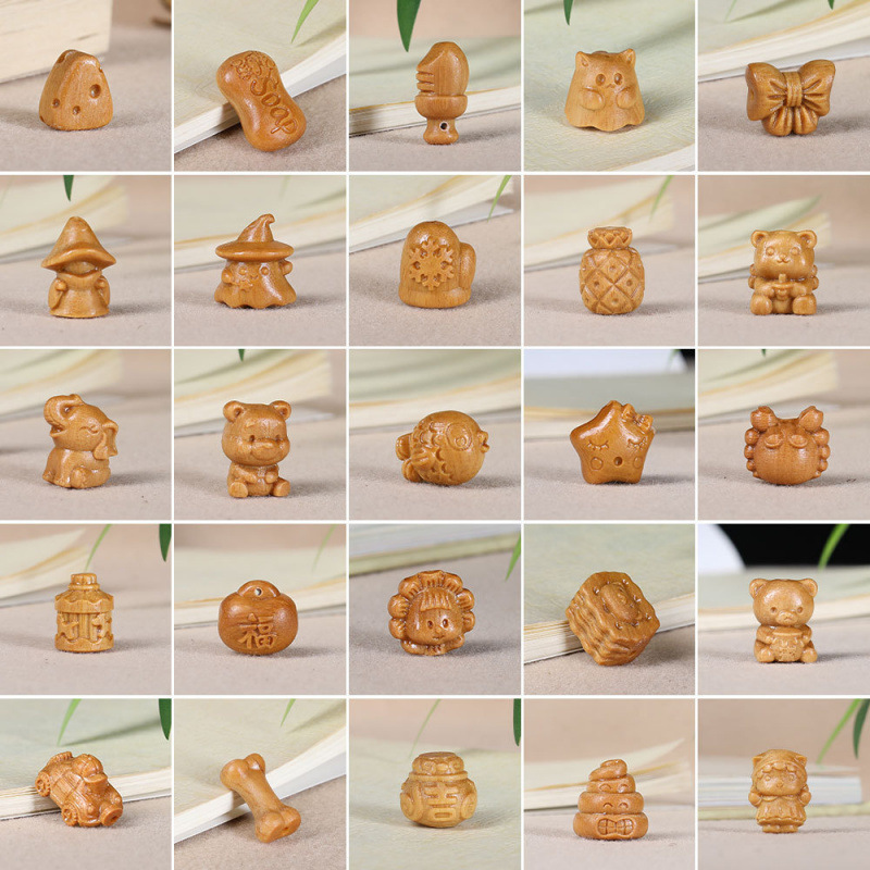 檀香木雕刻卡通可爱国风文玩通孔配饰钥匙扣吊坠配件批发手工