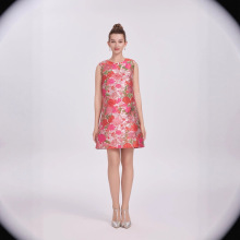 复古提花无袖连衣裙女 粉色繁花刺绣 圆领宽松 A 字裙 气质小礼裙