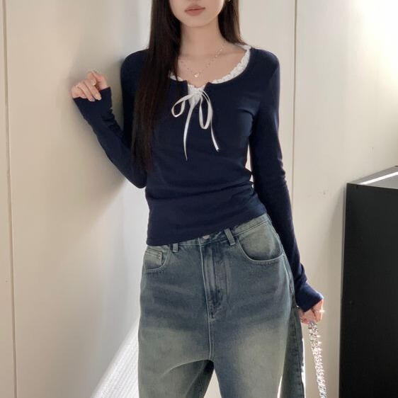 Korean Style Pure Sweet and Spicy Style Agaric Edge Lace V-Neck Base Shirt T-shirt Women's Slim-Fit Short Long-Sleeved Base Shirt Top