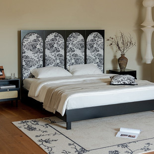 Light method Chinese style screen raspberry bed all solid wood arched high-end retro soft-covered fabric bed light luxury simple bedroom