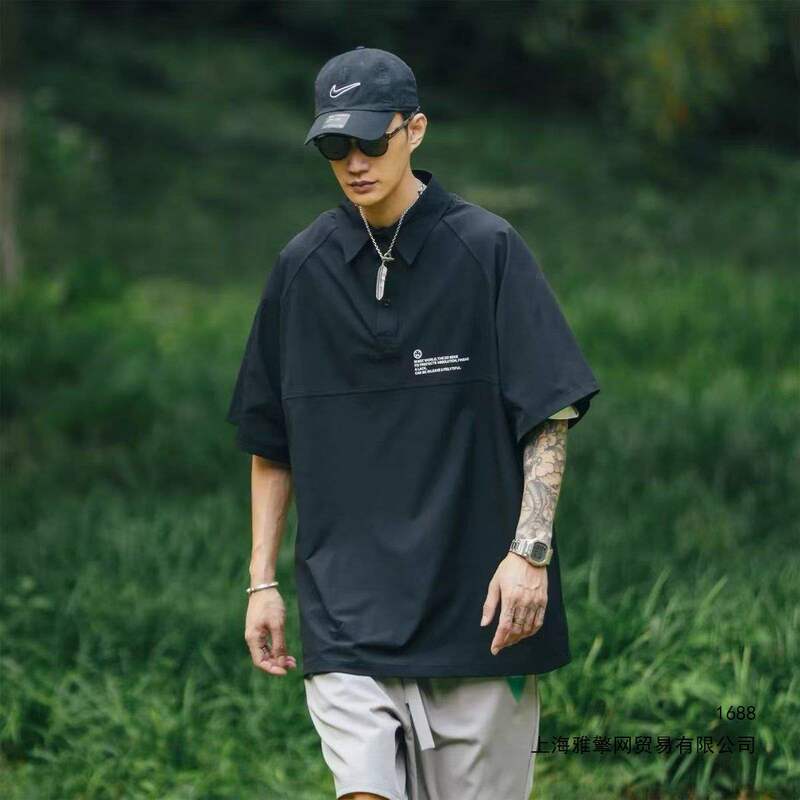 Japanese-style navy blue short-sleeve polo shirt for men, summer American retro trendy brand cityboy workwear half-sleeve t-shirt top