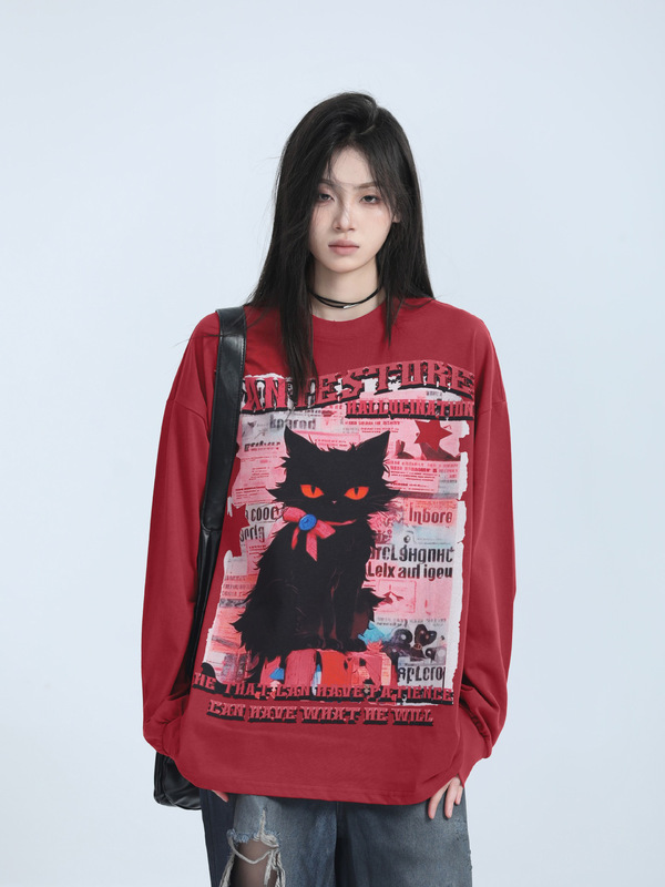 [Sit and Eat Empty Mountain] American High Street Dark Style Red Round Neck Sweatshirt for Women Autum New Loose Trendy Brand Long Sleeves