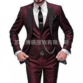 新款男士三件套套装西服黑色翻领拼色西服宴会聚会西装新郎伴郎服