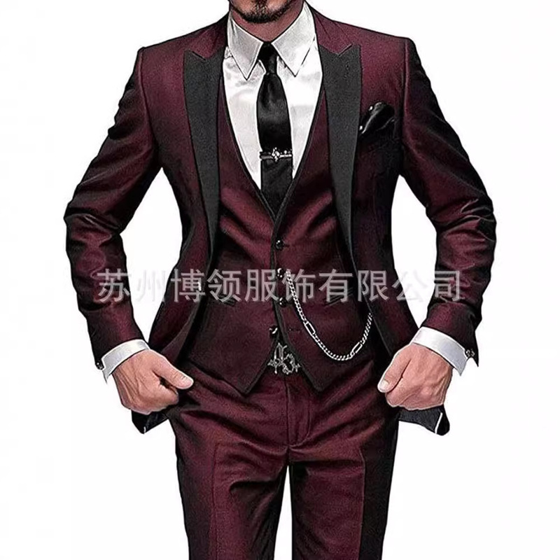 New Men's Three-Piece Suit, Black Lapel Color-Blocked Suit, Banquet Party Suit, Groom and Groomsmen Suit