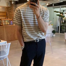 高级感t恤男设计感小众宽松ins潮流半袖条纹短袖夏季休闲针织上衣