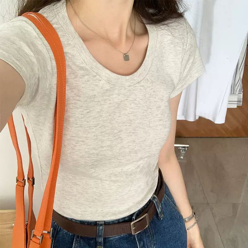 纯欲风修身螺纹短袖T恤女2025夏季女士修身纯棉设计感百搭上衣潮
