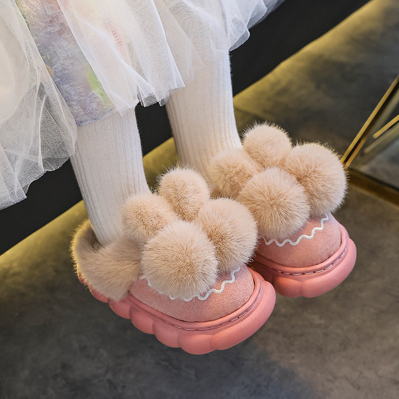 Zapatillas de algodón para niños de invierno, niños y niñas, zapatillas de algodón cálidas de pelusa de fondo grueso para padres e hijos en el hogar, bolsas de niños grandes, zapatillas de algodón