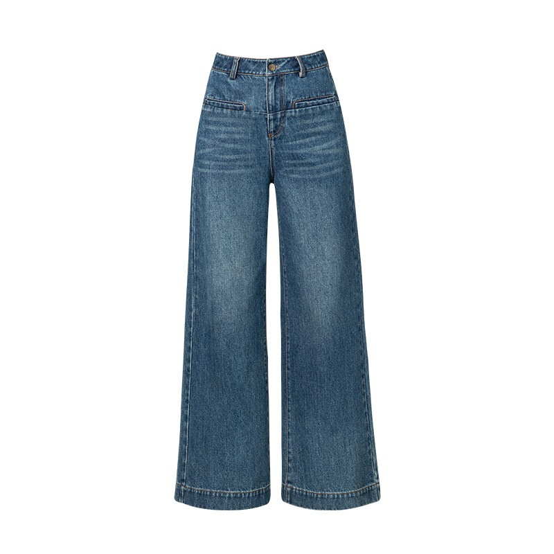 Quần jean ống rộng nữ dáng suông chất Tencel linen dài chấm đất — Màu xanh lam