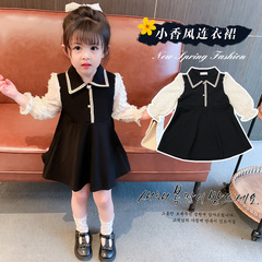 女童洋氣春秋蕾絲公主裙小女孩學院風連衣裙翻領女寶寶小香風裙子