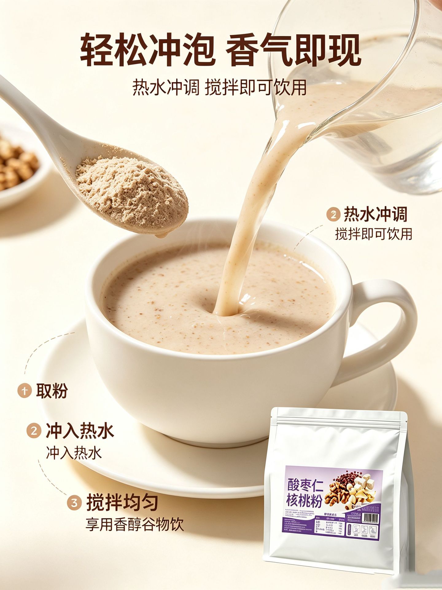 Sour Jujube Seed Walnut Powder Suan Zao Ren He Tao Fen Instant Meal Replacement Breakfast Cereal 245g Sugar Free in use