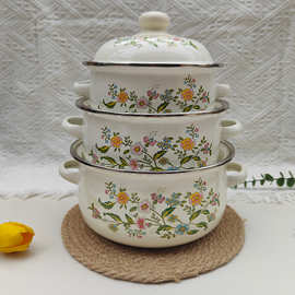 三件套搪瓷烧锅珐琅平底锅家居日用多规格搪瓷锅带盖双耳礼品汤锅