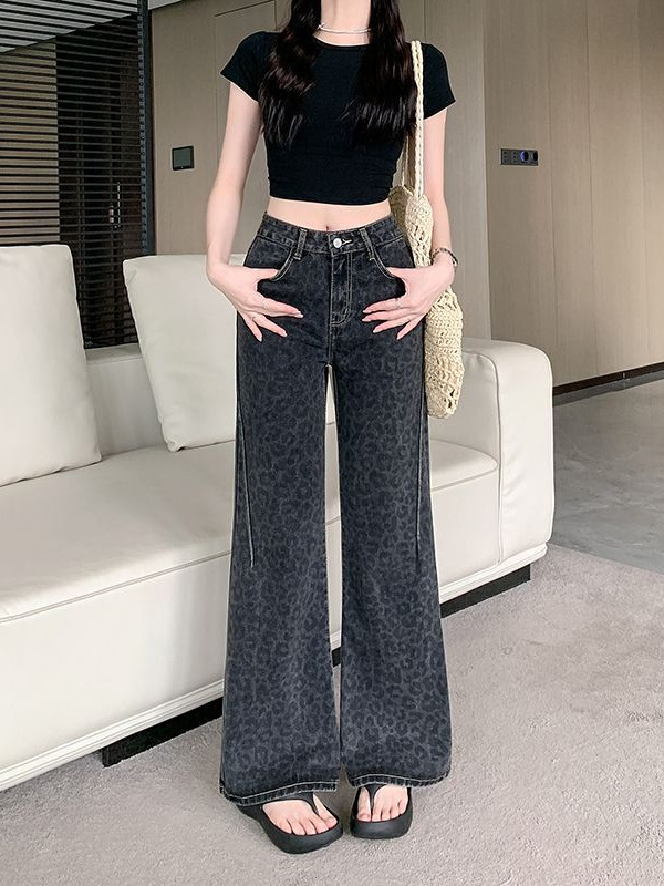 女性用のアメリカンレトロなヒョウ柄ストレートジーンズ、甘くてホットな女の子、スリムでハイエンド、多用途のフロアレングスパンツ、ファッショナブルでカジュアル|undefined