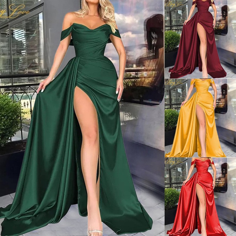 Vestido de fiesta de noche entallado y sexy con abertura alta, hombros descubiertos, para anfitrionas, ideal para banquetes de comercio exterior transfronterizo de ventas directas en 2025.