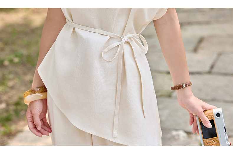 Bộ đầm suông nữ midi tay ngắn cổ tròn thắt eo — màu trắng ngà chi tiết 19