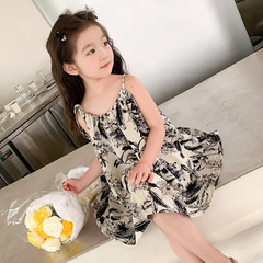 女童連衣裙夏季2024新款洋氣小女孩寶寶水墨薄款夏裝吊帶雪紡裙子