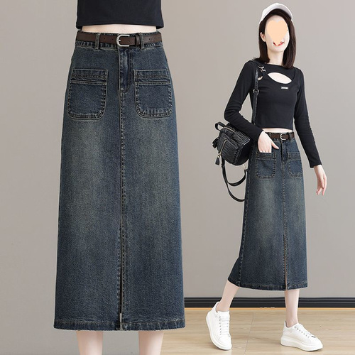 Women's Fashion Denim Hem Short Skirt for Spring and Autumn 2025, High-Waisted, Slimming, Slit Long Skirt Over the Knee, One-Step Dress