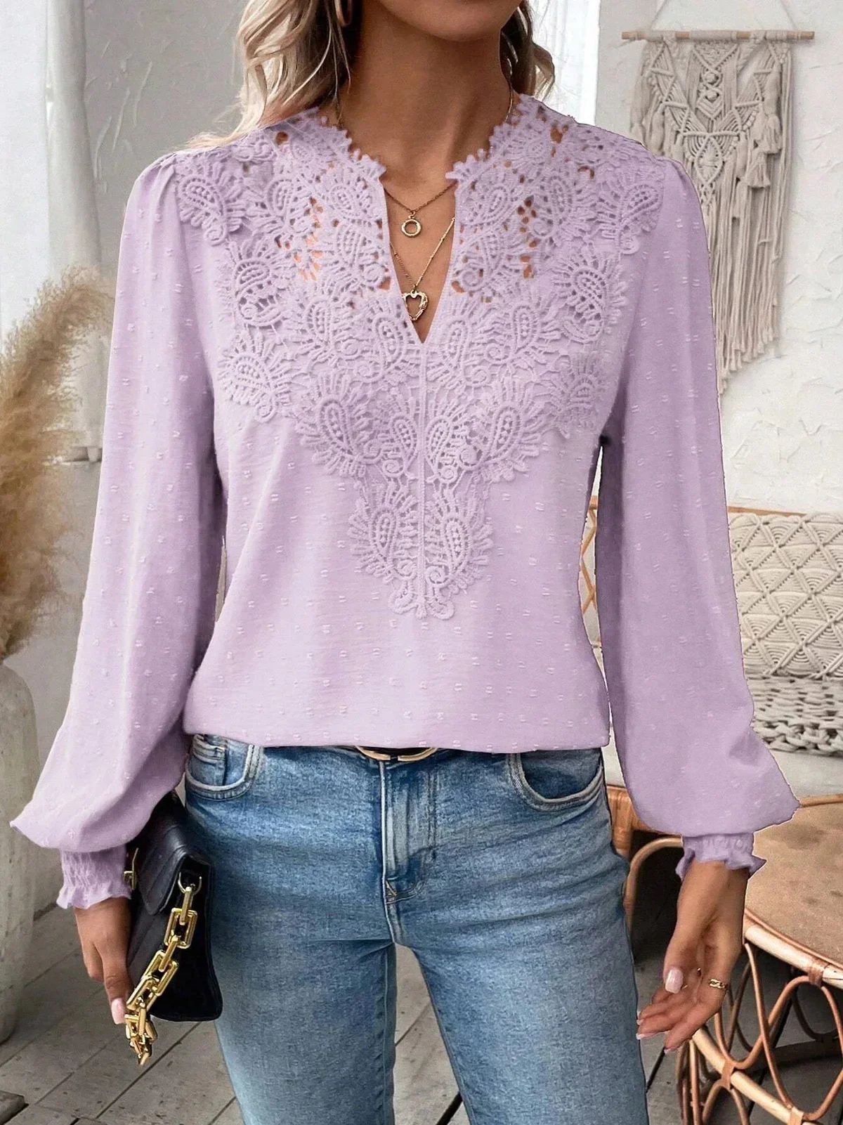 Women's New V-neck Lace Patchwork Long Sleeved Casual Shirt Women's Top_voghion.com