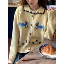 韩系卡通小狗提花翻领毛衣开衫女秋冬新品宽松针织外套上衣女