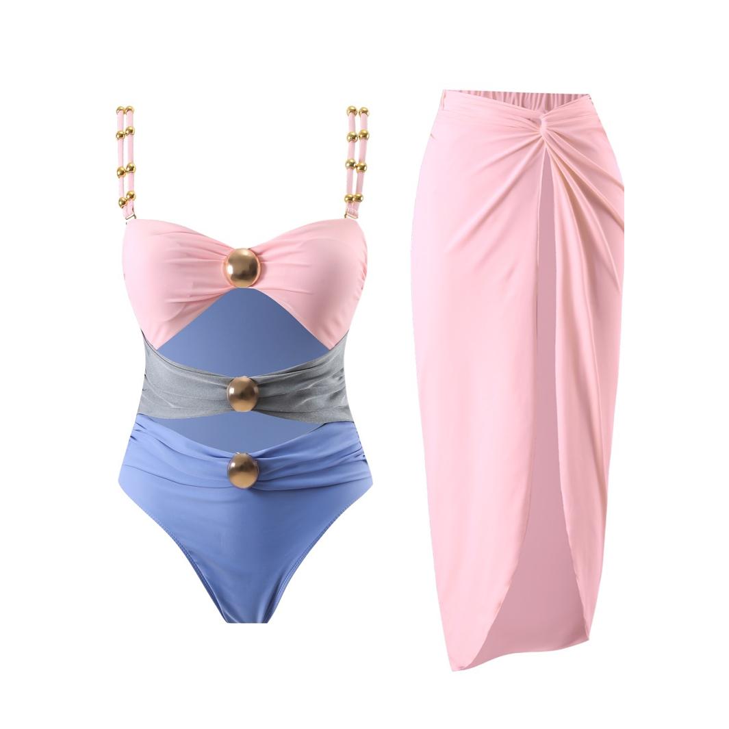Women's Strapless Hollow Out One Piece Swimsuit Sexy Vacation Style Summer Swimwear Two-Piece Set Dress_ecoleips.com