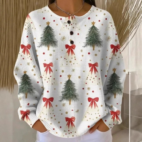 25 Amazon Independent New Retro 3D Digital Printing Three-Button Stand Collar Polo Sweatshirt Women's Clothing--Waffle