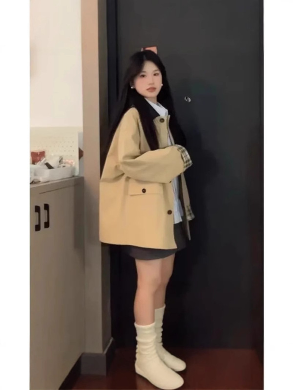 ミドル丈韓国風高級ウインドブレーカー女性用2025春秋新作小柄日本風英国風土黄色ジャケット|undefined
