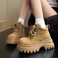 爆款粗跟马丁靴女款2025秋季新款厚底增高百搭大黄靴复古系带短靴