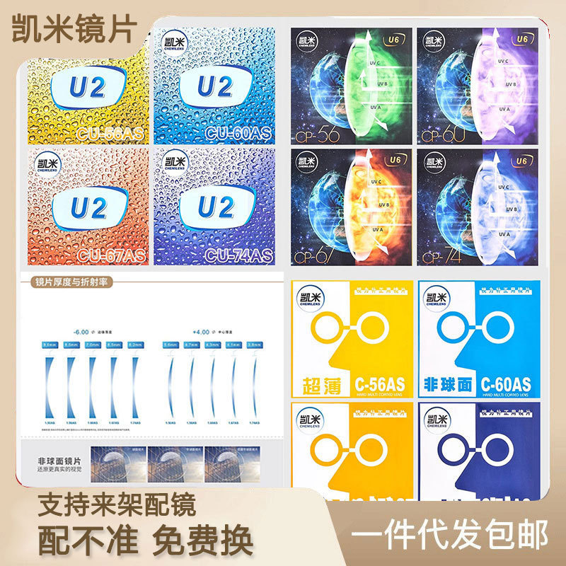 Genuine goods KAIMI lens visual focus 1.74 ultra-thin U2U6 anti-blue light 1.67 myopia lens aspherical lens