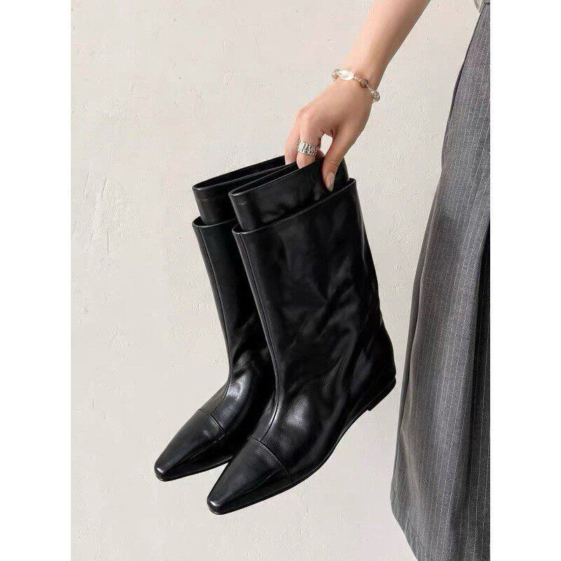 Bốt cổ ngắn nữ da bò mũi nhọn xỏ chân đế bằng gót 3–5 cm — Màu nâu, màu đen