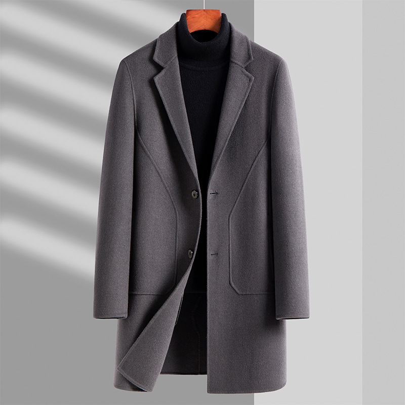 In-Stock Men's 100% Pure Wool Coat, Autumn and Winter Mid-Length Solid Color Double-Sided Woolen Overcoat, Old Money Style