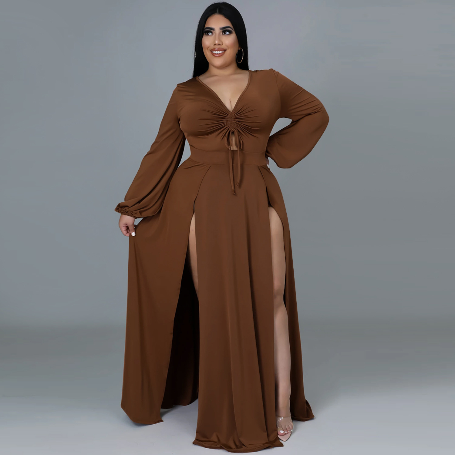 Solid Color Plus Size V-Neck Long-Sleeved Hollow Split Lace-Up Dress With-Separate-Panty NSXYZ110900