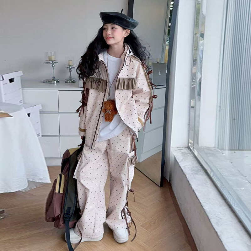 女童套装2025春秋装新款洋气中大童立体蝴蝶结波点外套工装裤两件|undefined