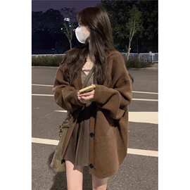 懒惰风毛衣外套女中长款秋冬大码胖mm甜辣妹美拉德针织开衫女上衣
