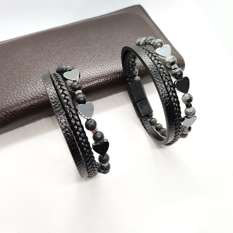 29g Weight Bracelets Classification Leather Rope Chain Material Twisted Rope Chain Chain Type 1 Piece Quantity Holiday, Daily Occasion Alloy, black gallstone Material Heart Shape Pattern All Seasons Season Men's Gender Retro Style Retro Heart Shape Alloy Black Gallstone Men's Bracelets Men Cord & Leather Bracelets 7