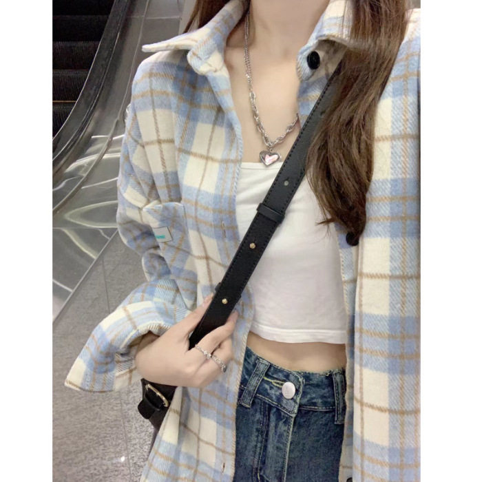 厚款毛尼料蓝色格子衬衫女装2025秋季新款港风chic长袖外套上衣女|undefined