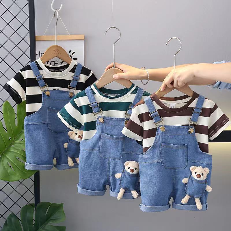Cross-border for boys summer suit striped T-shirt doll Denim suspenders two-piece foreign trade children's clothing wholesale