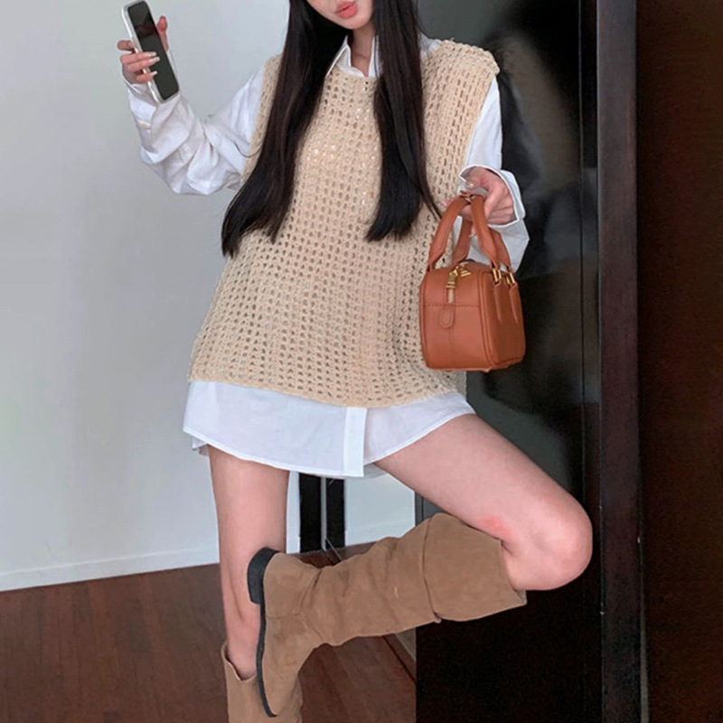 Drunken Cream Cup Hollow Sleeveless Top Women's Early Autumn Stacked Knitted Vest