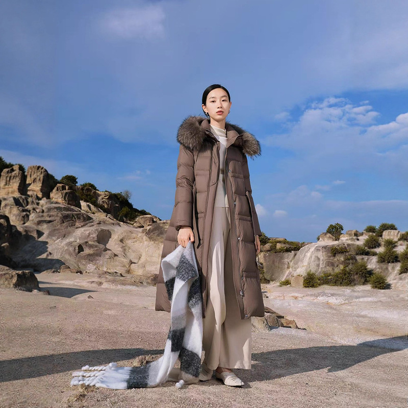 Real Fur Collar Winter New Mid-Length Slim Fit High-End down Jacket Women's Trendy Waist-Cinching White Duck down Coat