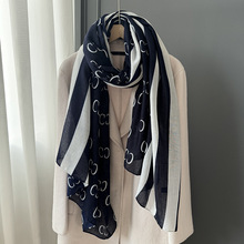 2024秋冬新款字母条纹休闲高级围巾女棉麻透气保暖披肩长款180x90