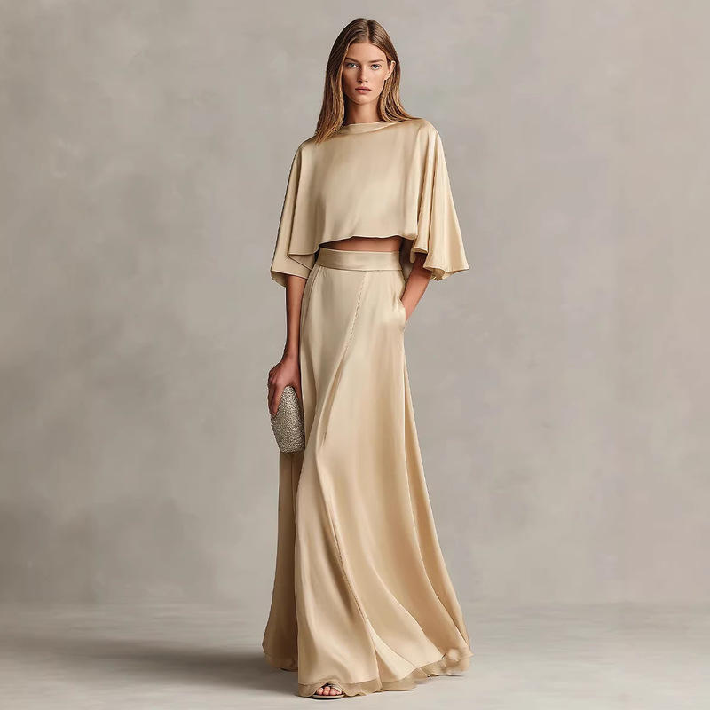 2026 European and American Cross-Border Spring and Autumn New Women's Satin Shawl Sleeve Long Dress Eternal Luxury Elegant Style Set
