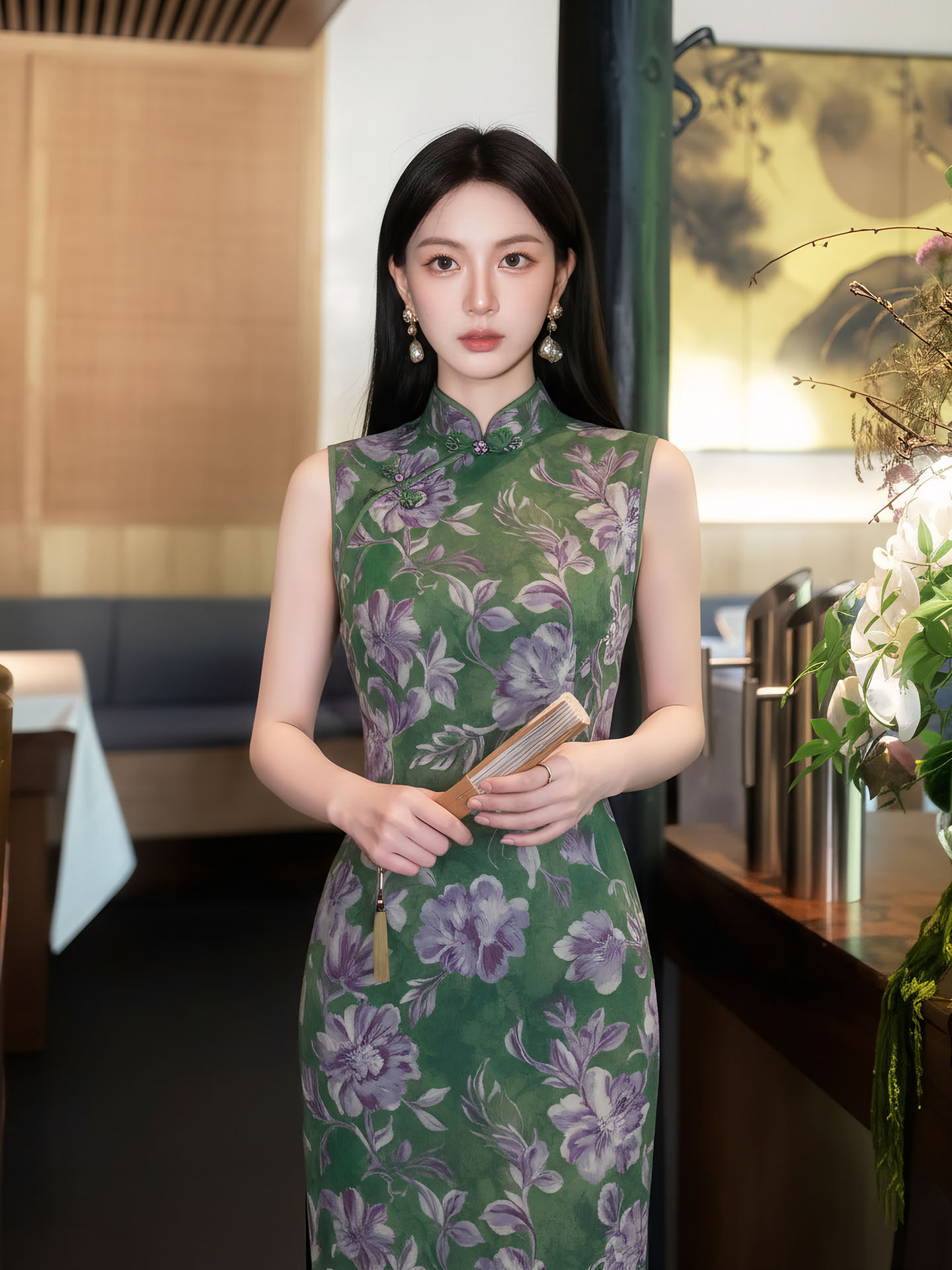 Đầm ôm body nữ dài tay in họa tiết hoa xanh cổ điển — xanh lá cây